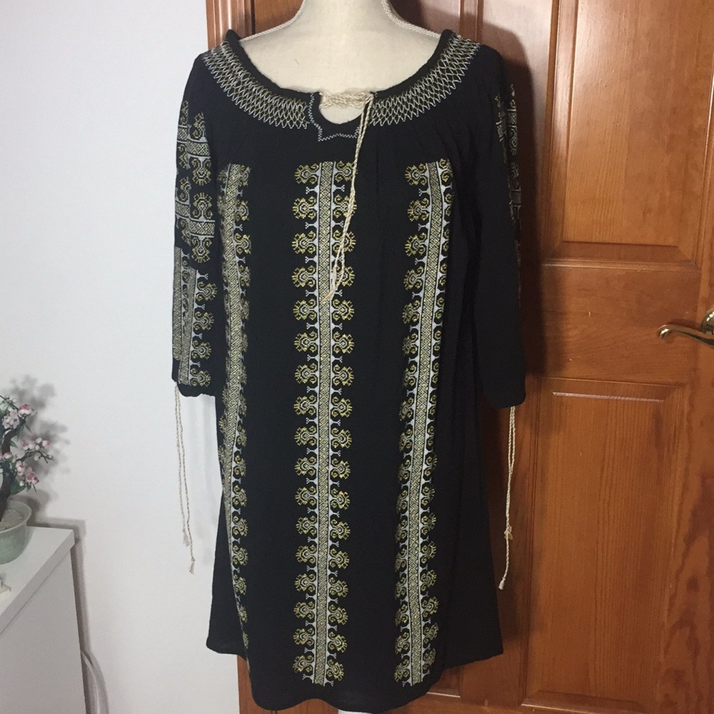 Black Golden Threaded Embroidered Mini Dress